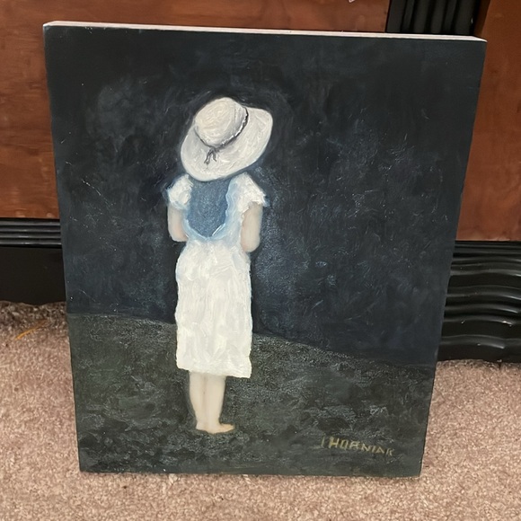 Other - Elegant blue and white color of girl at pond. Oil